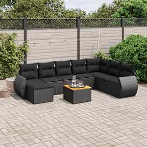 Vrtna sedežna garnitura 9-delna z blazinami črn poli ratan