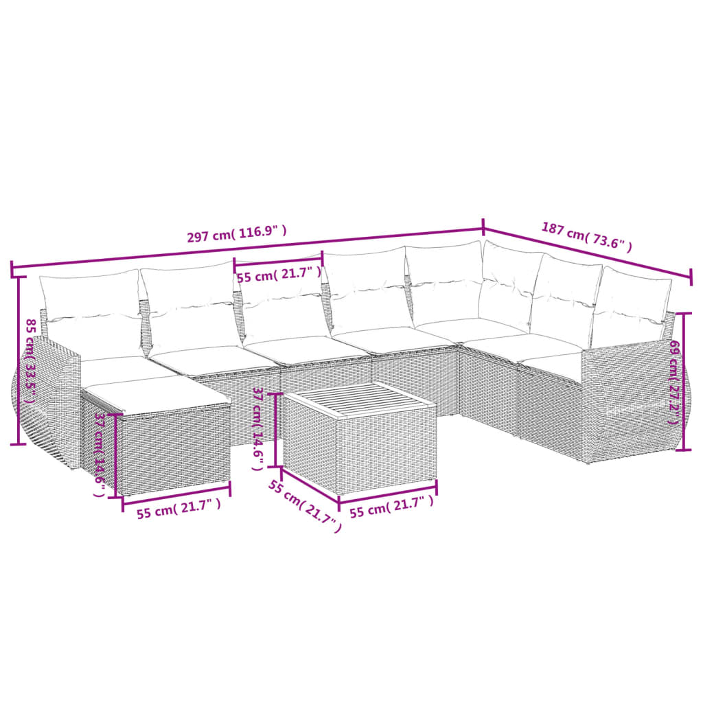 Set mobilier de grădină cu perne, 9 piese, negru, poliratan 3257470 - imagine 3