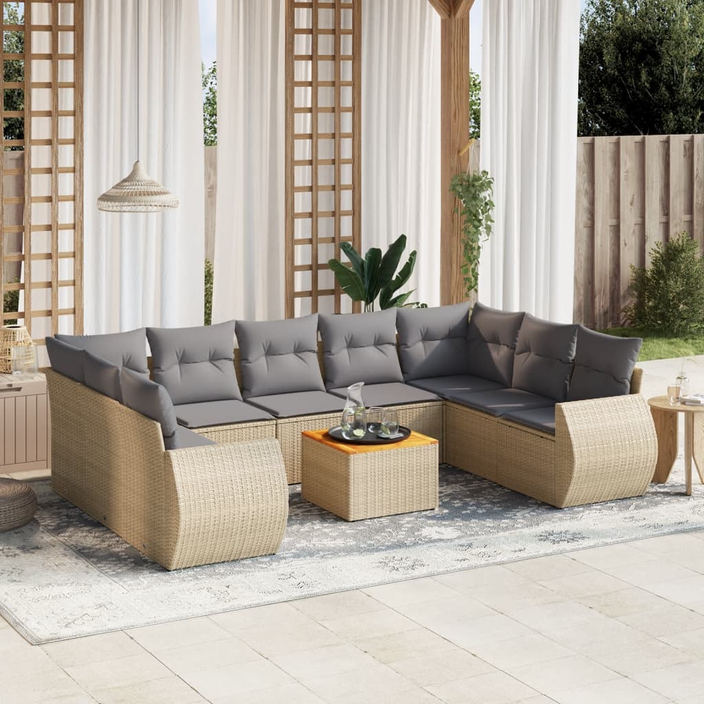 vidaXL 10-tlg. Garten-Sofagarnitur mit Kissen Beige Poly Rattan