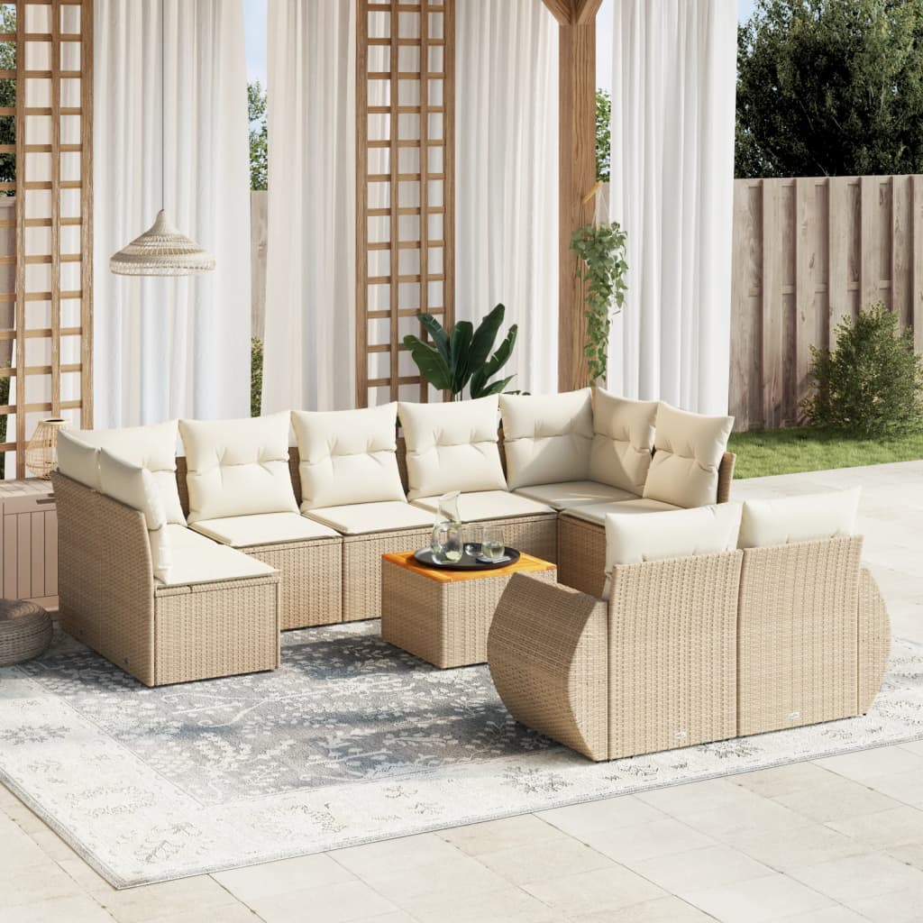 vidaXL 10-tlg. Garten-Sofagarnitur mit Kissen Beige Poly Rattan