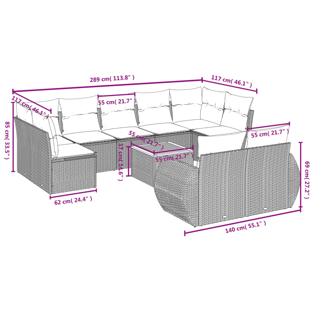 Set mobilier de grădină cu perne, 10 piese, gri, poliratan 3257488 - imagine 3