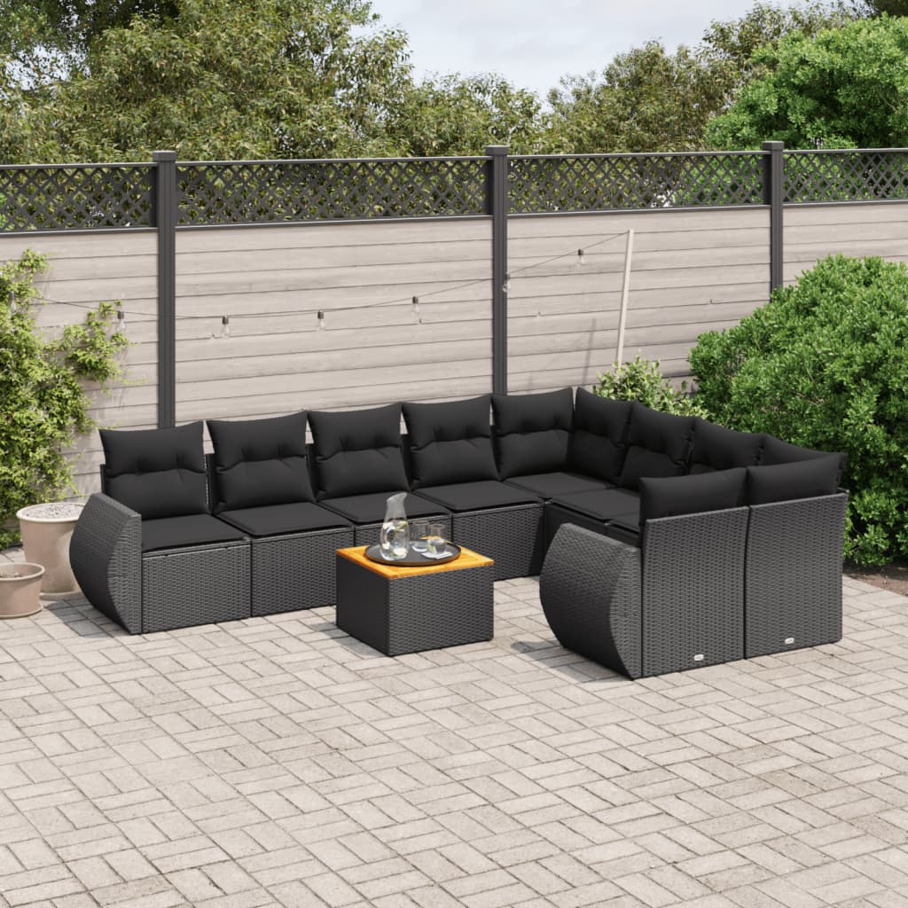 vidaXL 10-tlg. Garten-Sofagarnitur mit Kissen Schwarz Poly Rattan