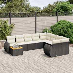 Vrtna sedežna garnitura 10-delna z blazinami črn poli ratan