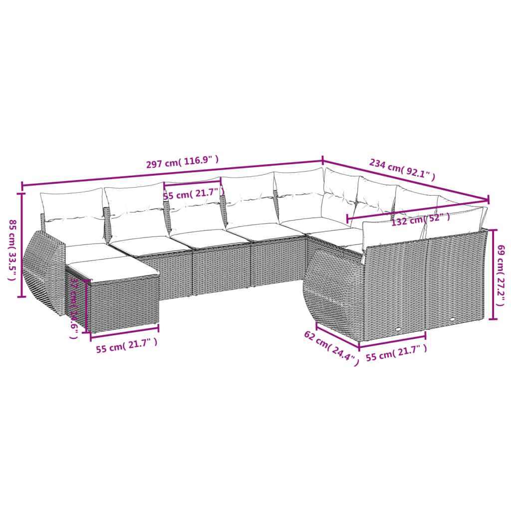 vidaXL 10-delige Loungeset met kussens poly rattan beige afbeelding