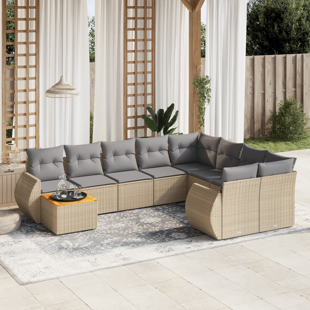 vidaXL 10-tlg. Garten-Sofagarnitur mit Kissen Beige Poly Rattan