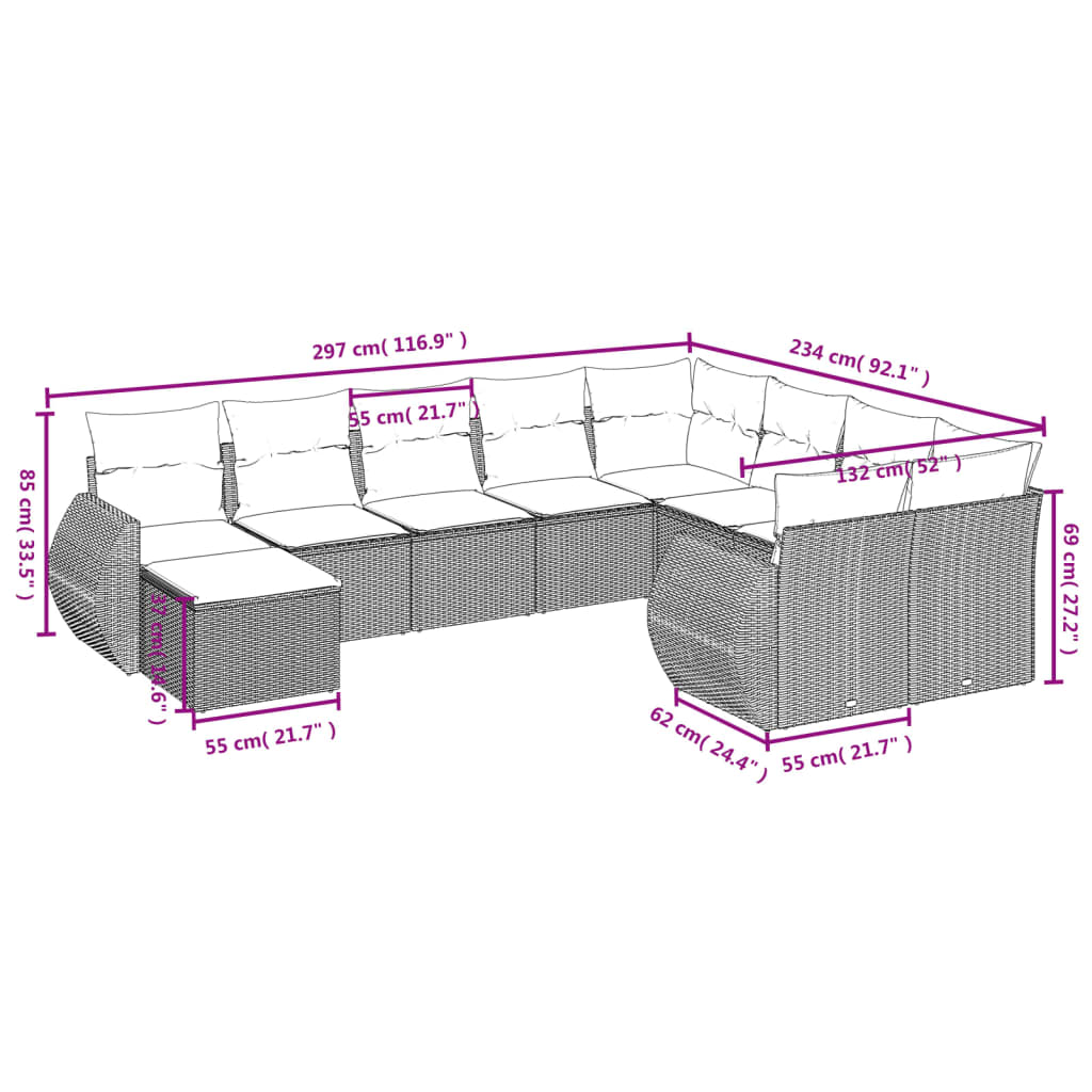 Set mobilier de grădină cu perne, 10 piese, gri, poliratan 3257502 - imagine 3