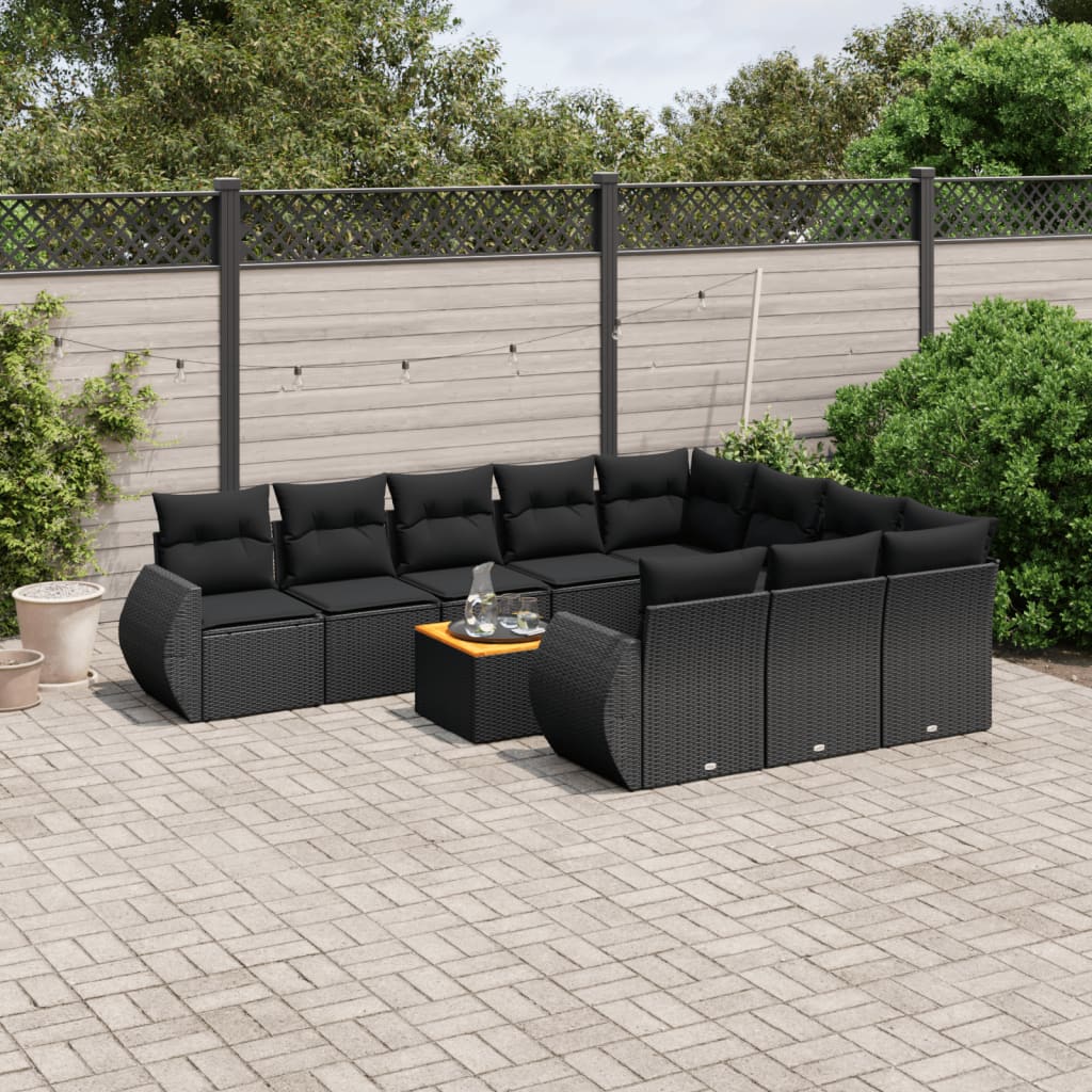 vidaXL 11-tlg. Garten-Sofagarnitur mit Kissen Schwarz Poly Rattan