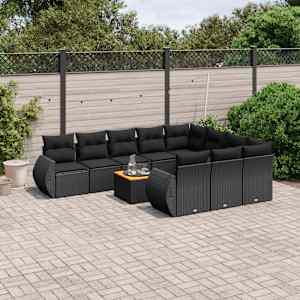 Vrtna sedežna garnitura 11-delna z blazinami črn poli ratan