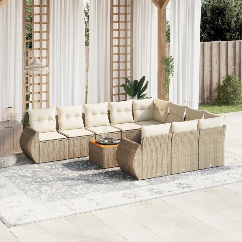 vidaXL 11-tlg. Garten-Sofagarnitur mit Kissen Beige Poly Rattan