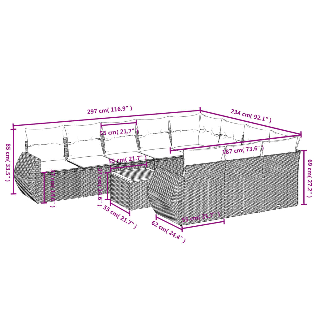 Set canapele de grădină cu perne, 11 piese, bej, poliratan 3257515 - imagine 3