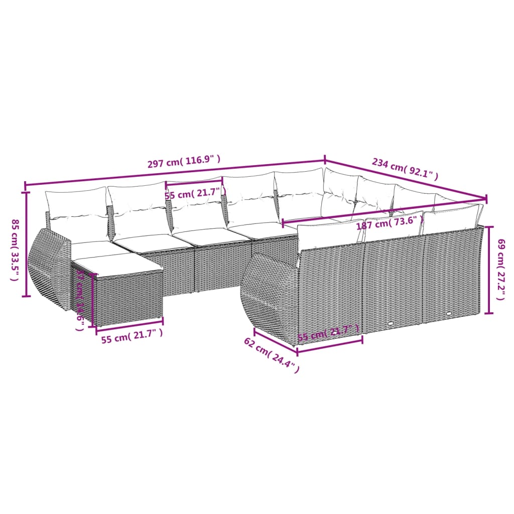 vidaXL 11-delige Tuinset met kussens poly rattan beige