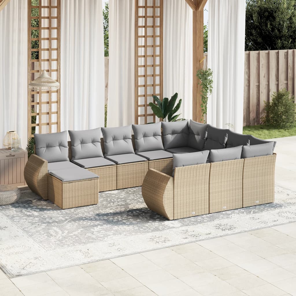 vidaXL 11-tlg. Garten-Sofagarnitur mit Kissen Beige Poly Rattan