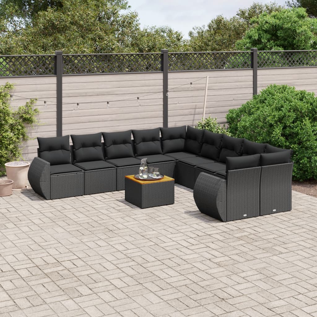 vidaXL 11-tlg. Garten-Sofagarnitur mit Kissen Schwarz Poly Rattan