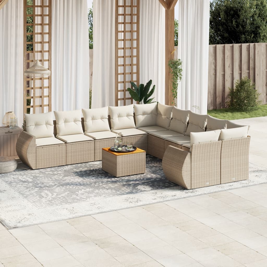 vidaXL 11-tlg. Garten-Sofagarnitur mit Kissen Beige Poly Rattan