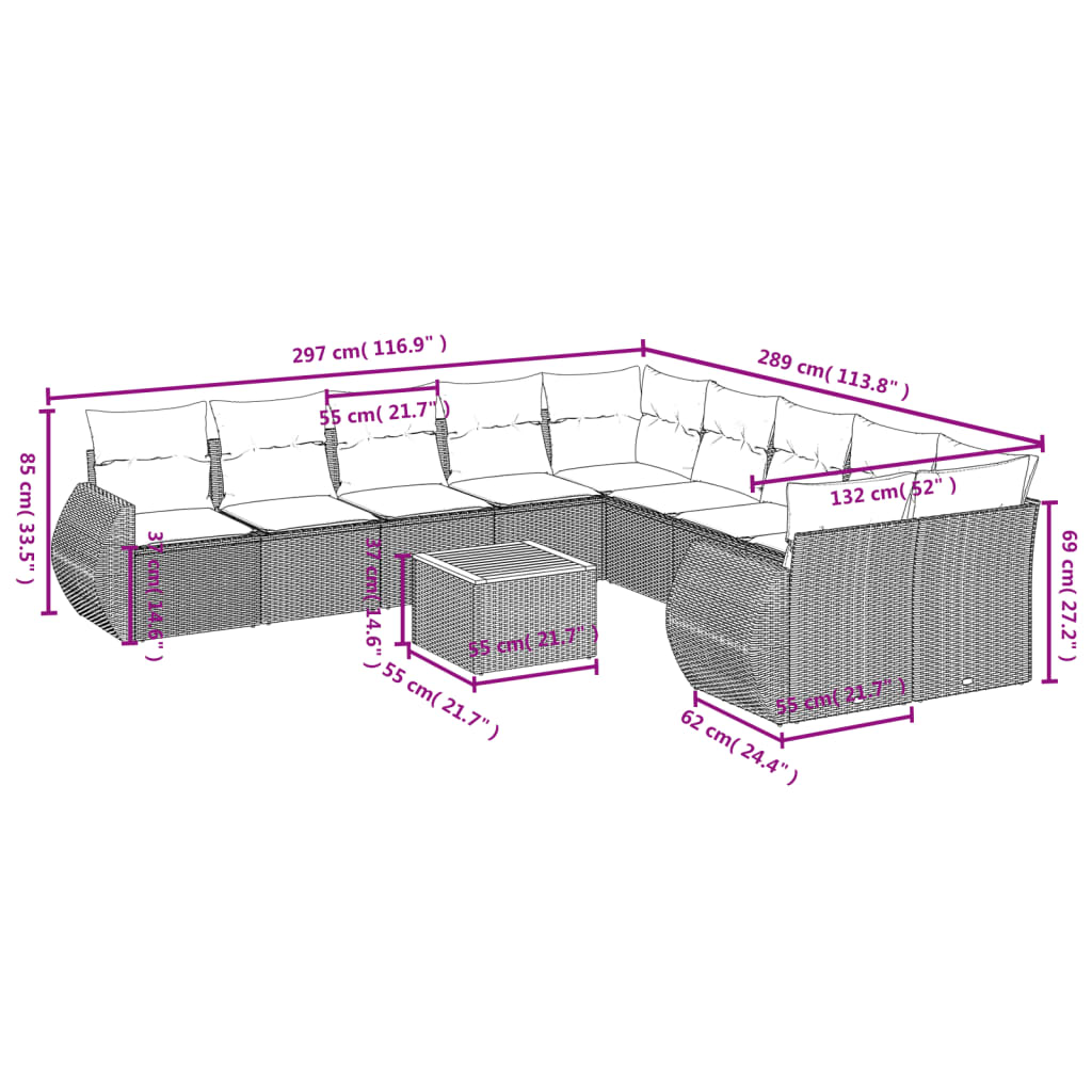 vidaXL 11-delige Tuinset met kussens poly rattan beige