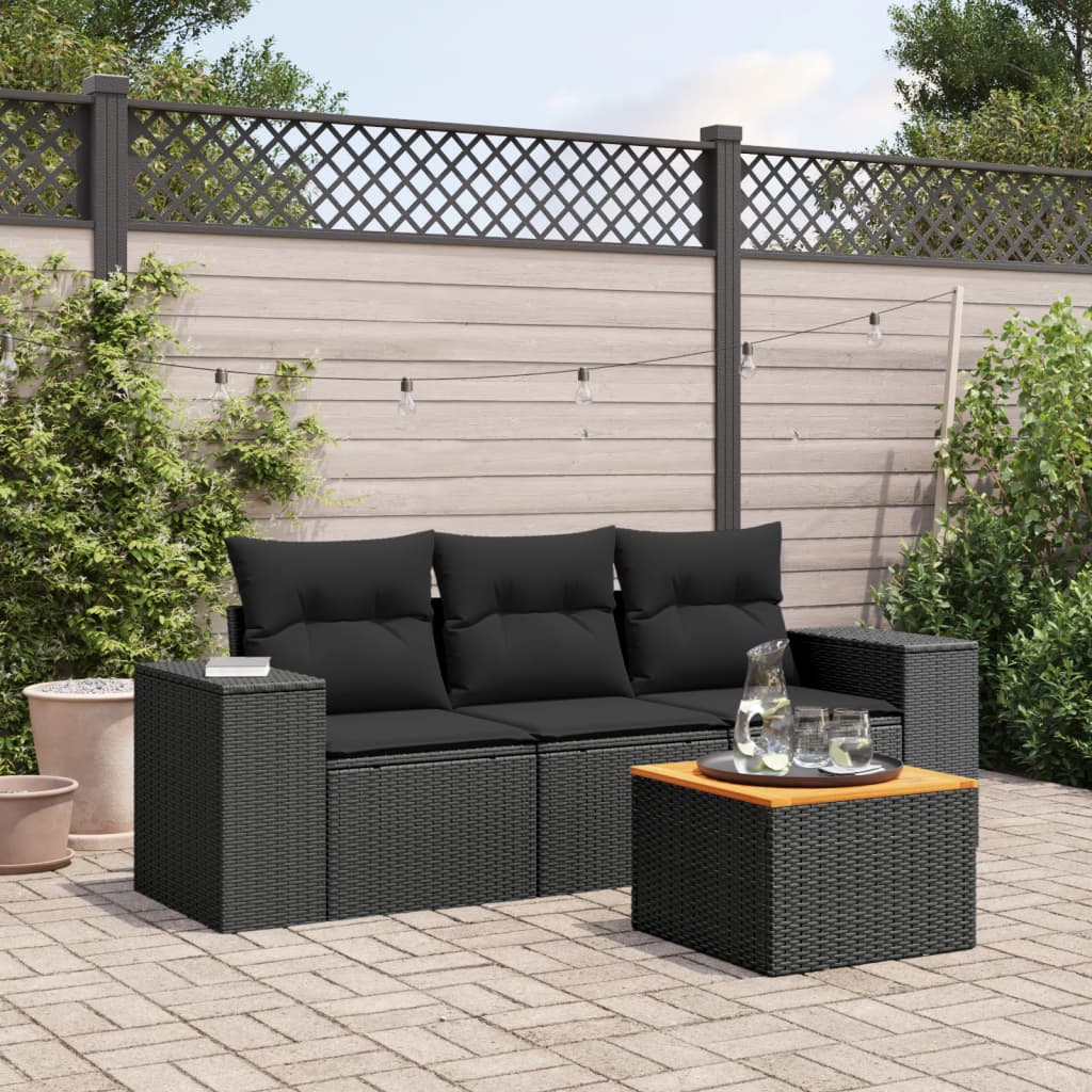 4-tlg. Garten-Sofagarnitur mit Kissen Schwarz Poly Rattan