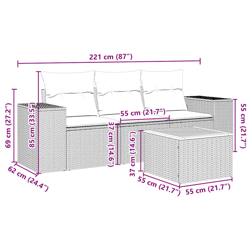 Set mobilier de grădină cu perne, 4 piese, negru, poliratan 3257645 - imagine 3