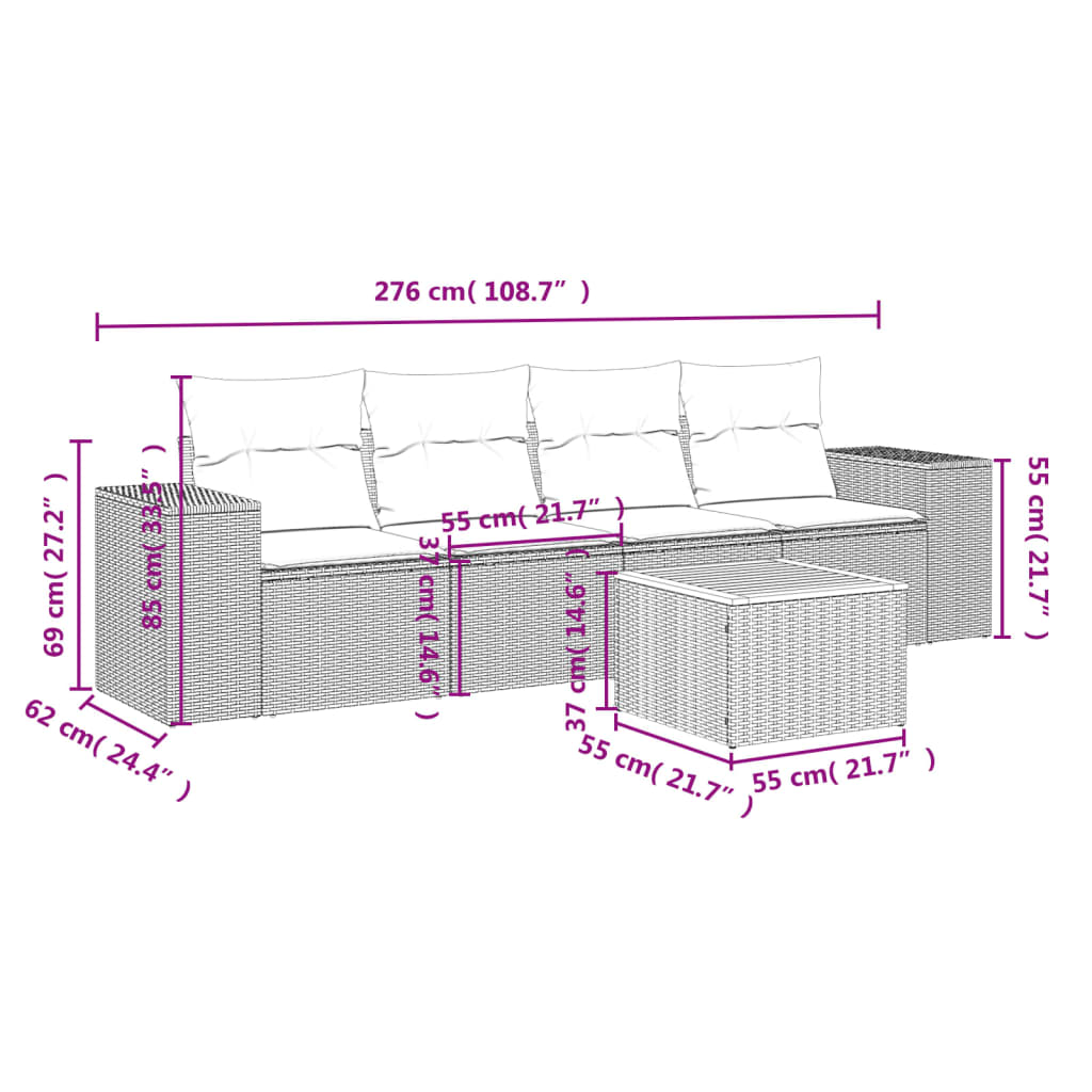 vidaXL 5-delige Loungeset met kussens poly rattan zwart afbeelding