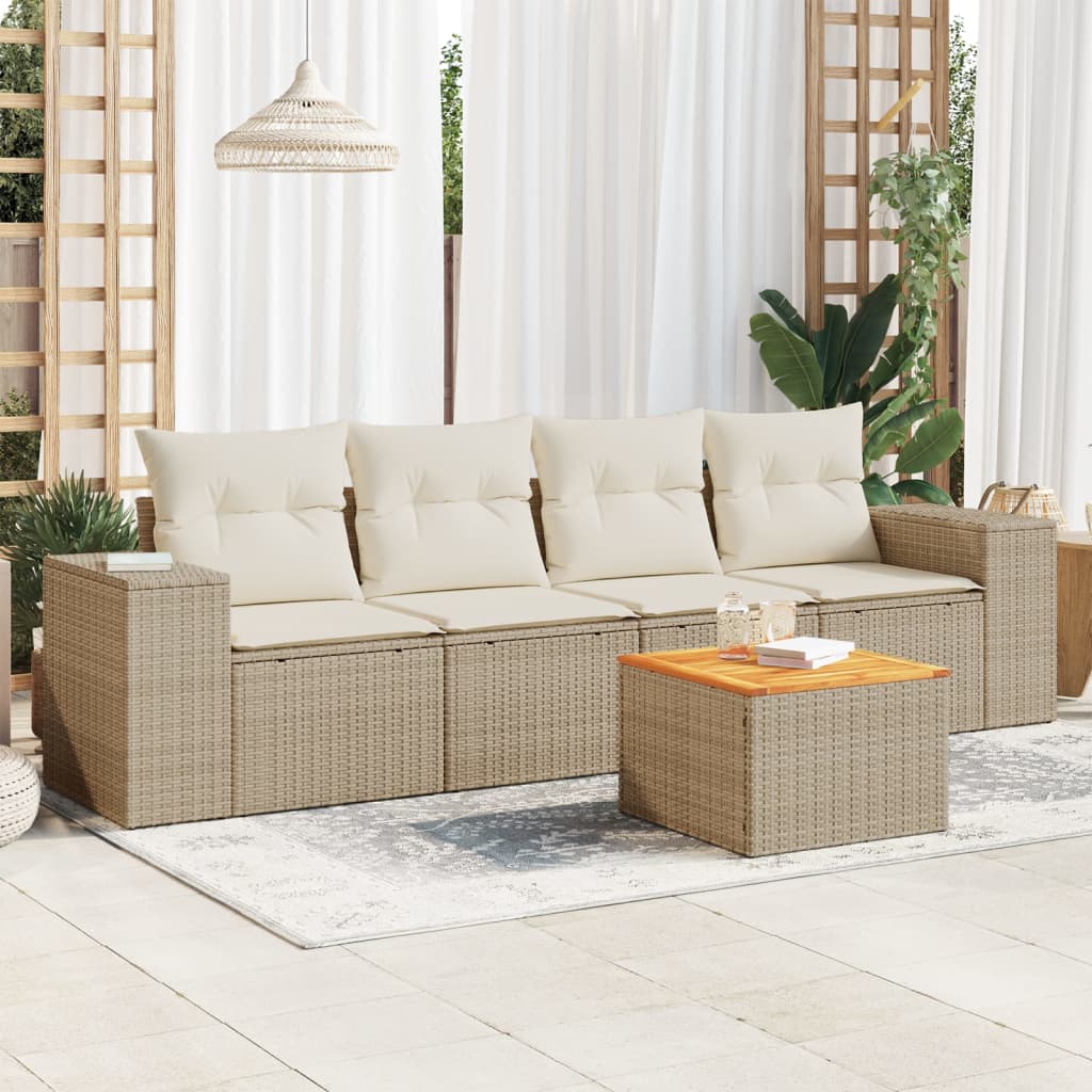 5-tlg. Garten-Sofagarnitur mit Kissen Beige Poly Rattan