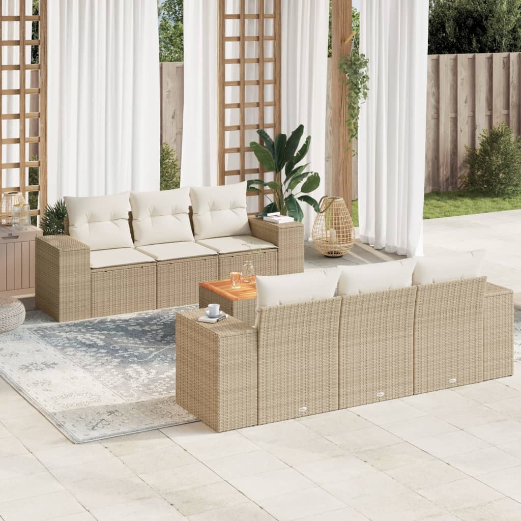 vidaXL 7-tlg. Garten-Sofagarnitur mit Kissen Beige Poly Rattan