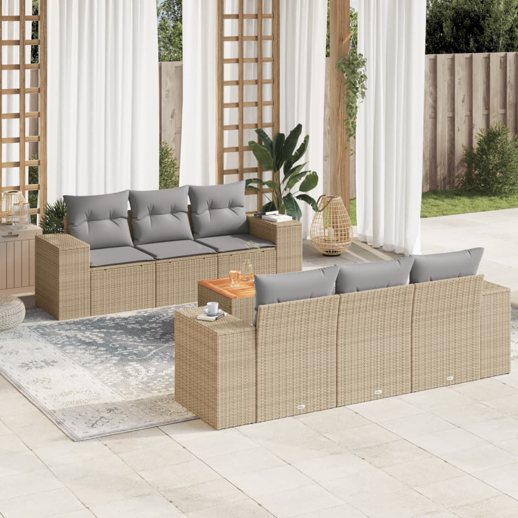 vidaXL 7-tlg. Garten-Sofagarnitur mit Kissen Beige Poly Rattan