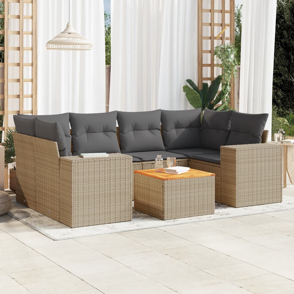 vidaXL 7-tlg. Garten-Sofagarnitur mit Kissen Beige Poly Rattan