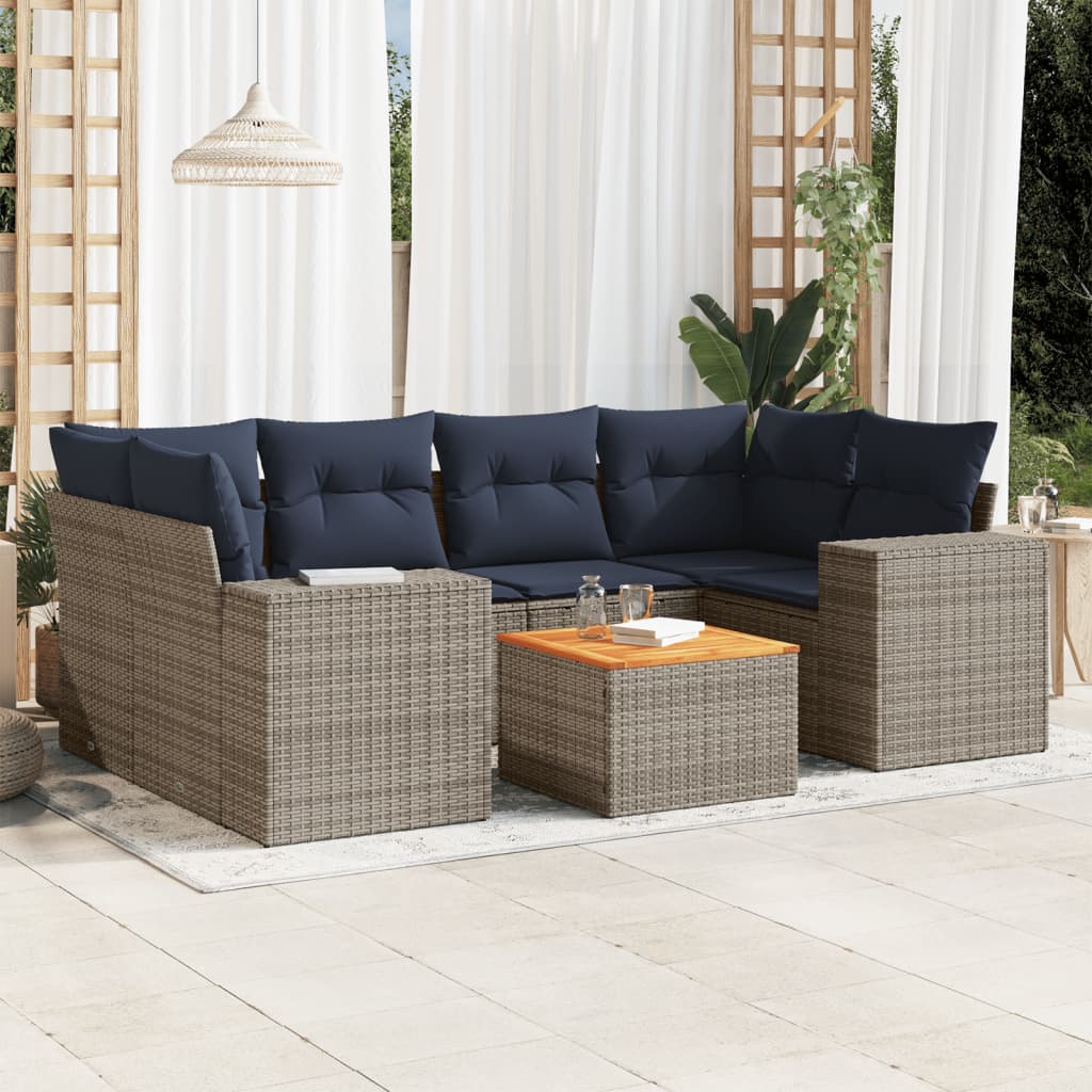 Set de sofás de jardín 7 pzas con cojines ratán sintético gris