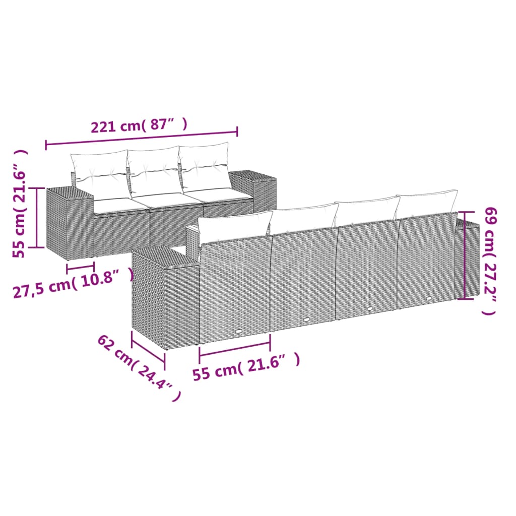Set canapele de grădină cu perne, 8 piese, gri, poliratan 3257684 - imagine 3