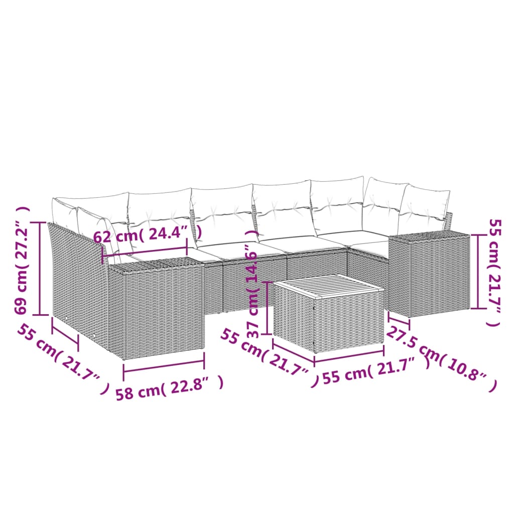 vidaXL 8-delige Loungeset met kussens poly rattan zwart afbeelding