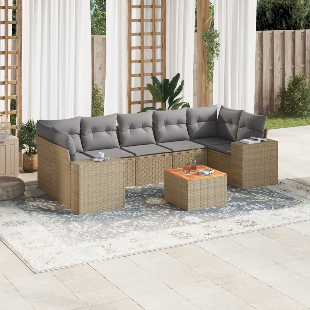 vidaXL 8-tlg. Garten-Sofagarnitur mit Kissen Beige Poly Rattan