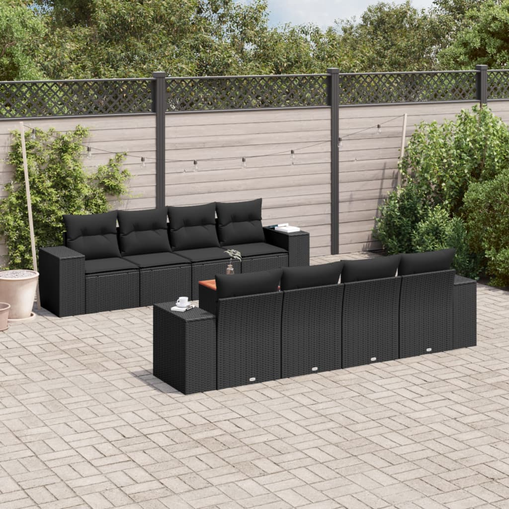 9-tlg. Garten-Sofagarnitur mit Kissen Schwarz Poly Rattan