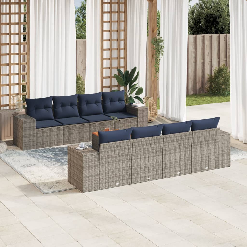 Set de sofás de jardín 9 pzas con cojines ratán sintético gris