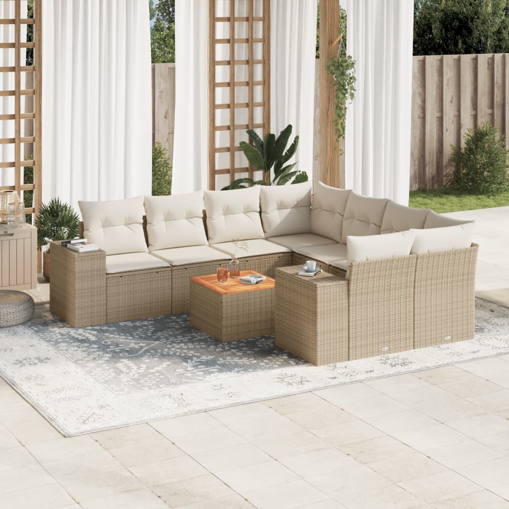 vidaXL 9-tlg. Garten-Sofagarnitur mit Kissen Beige Poly Rattan