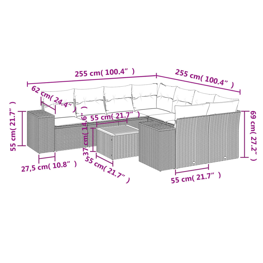 vidaXL 9-delige Loungeset met kussens poly rattan grijs afbeelding