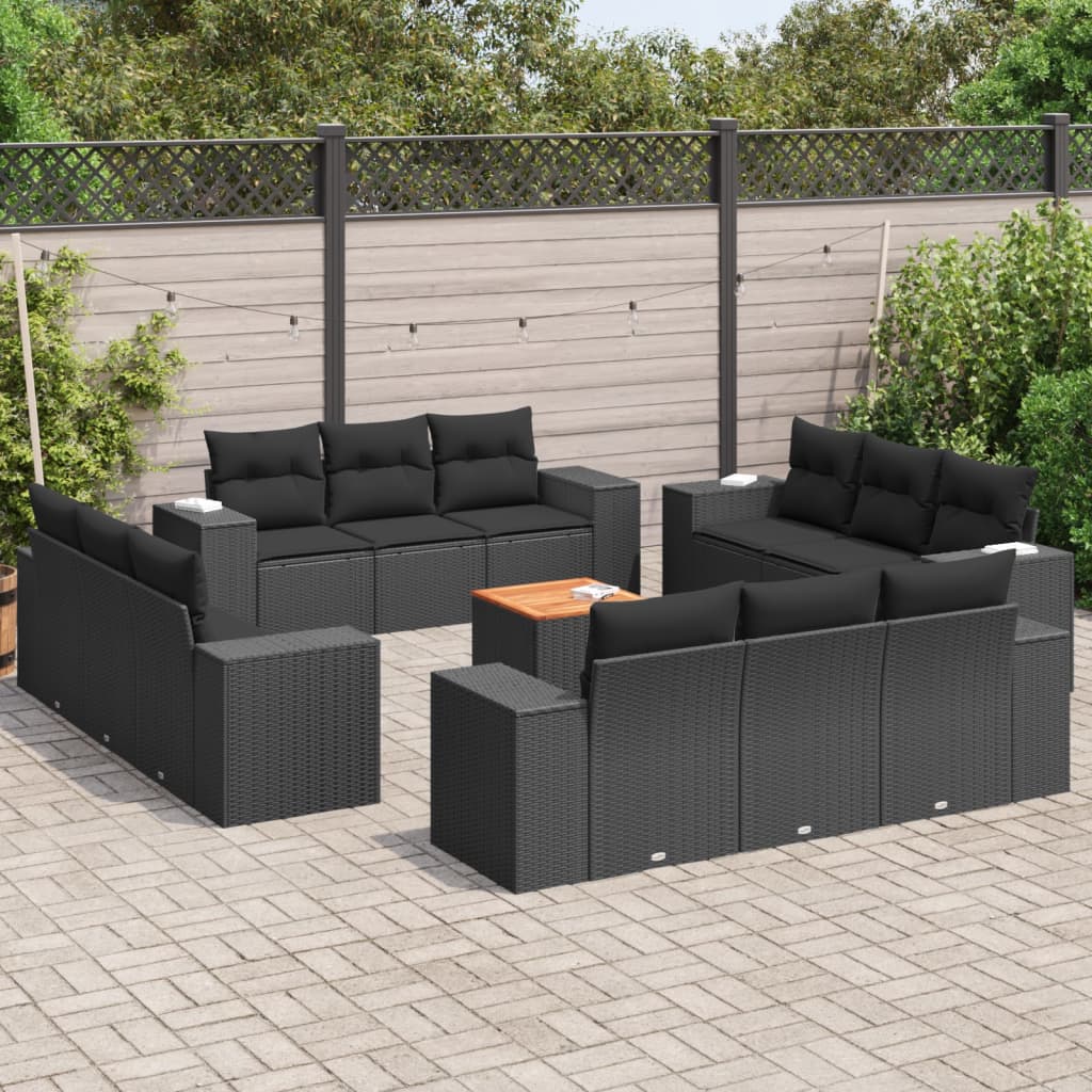 vidaXL 13-tlg. Garten-Sofagarnitur mit Kissen Schwarz Poly Rattan