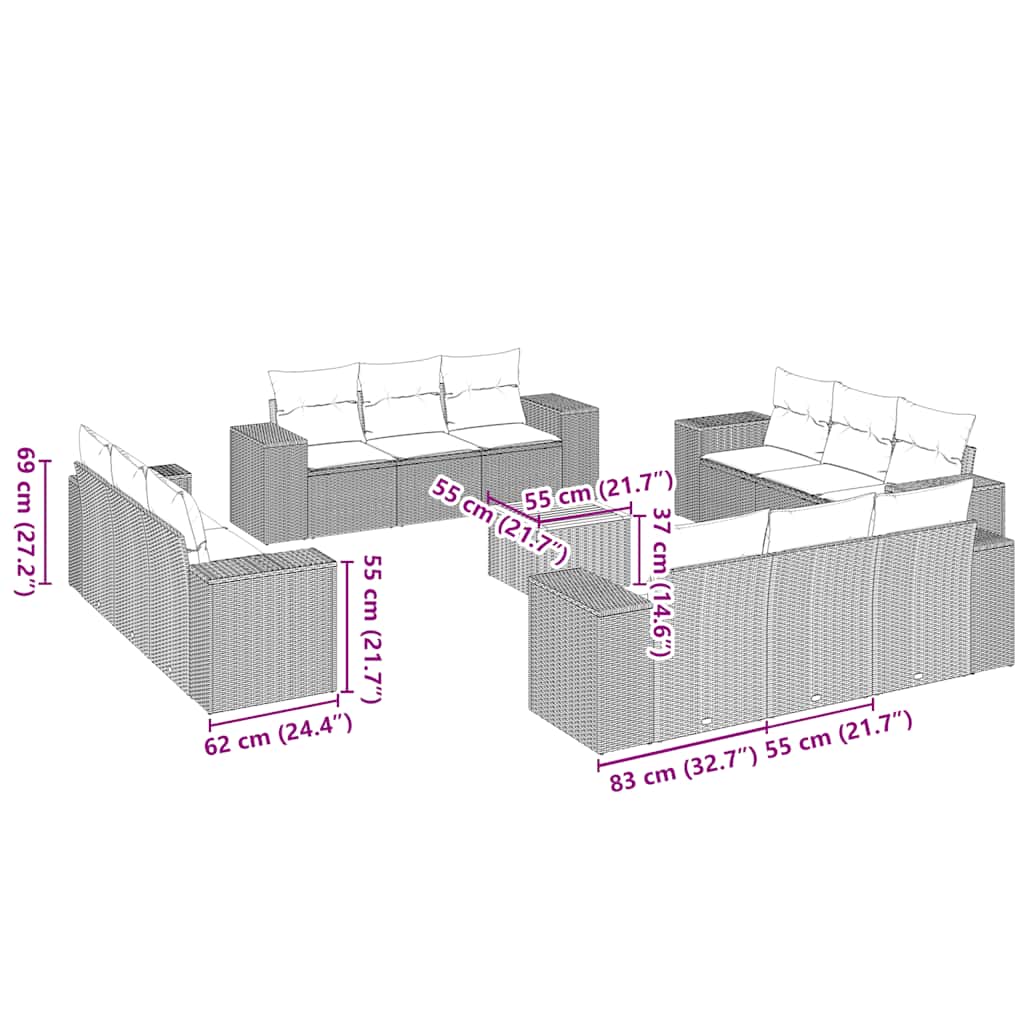 vidaXL 13-delige Loungeset met kussens poly rattan zwart afbeelding