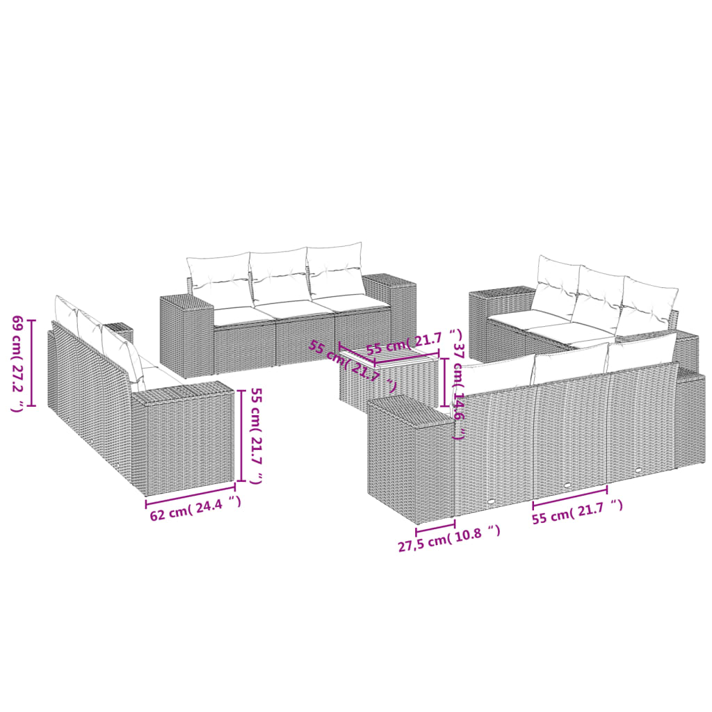 vidaXL 13-delige Loungeset met kussens poly rattan beige afbeelding