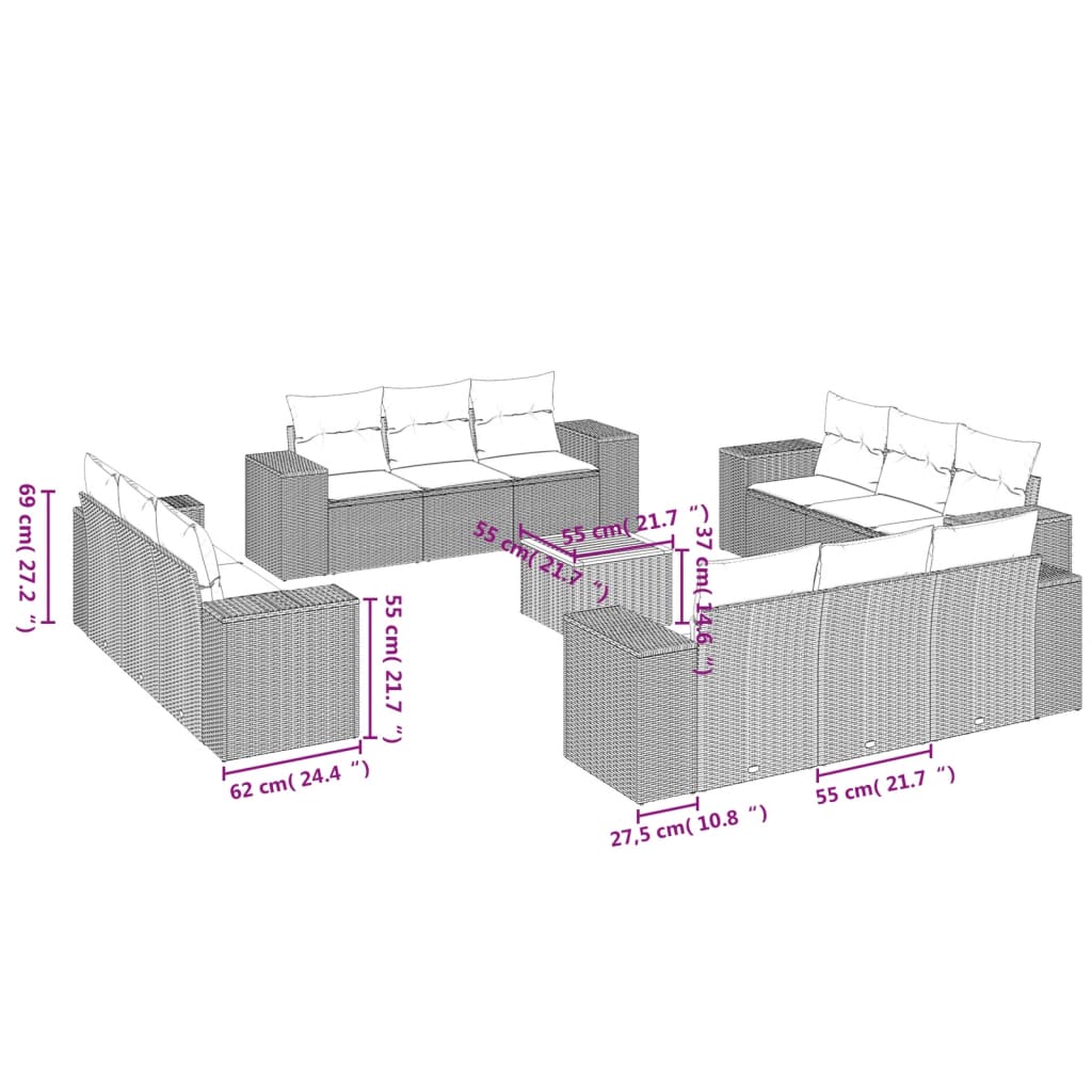 Thumbnail - vidaXL 13-tlg. Garten-Sofagarnitur mit Kissen Grau Poly Rattan