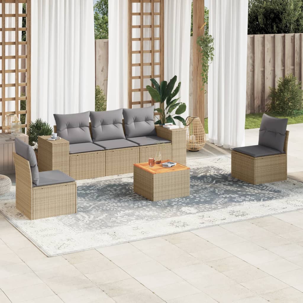 vidaXL 6-tlg. Garten-Sofagarnitur mit Kissen Beige Poly Rattan