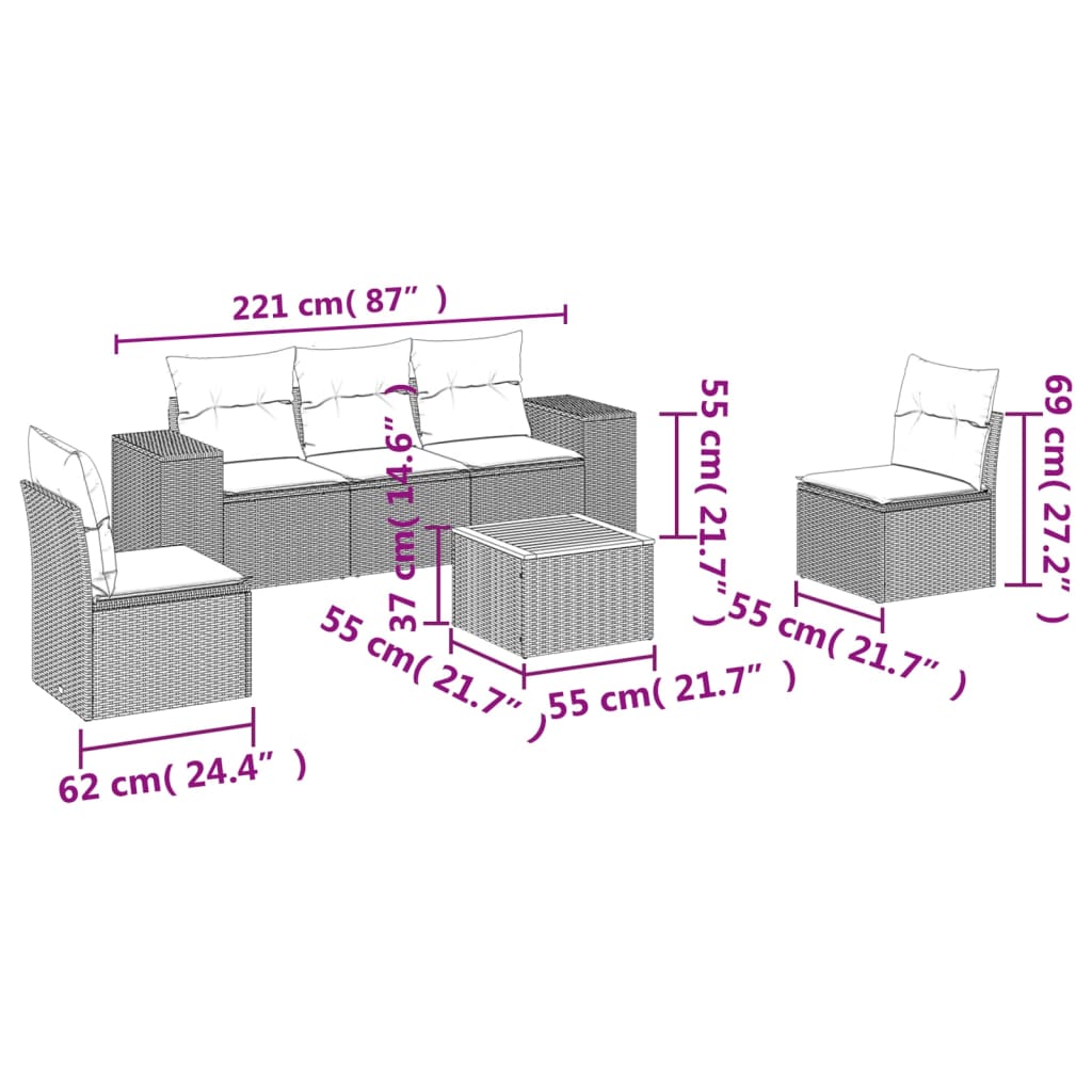 vidaXL 6-delige Loungeset met kussens poly rattan grijs afbeelding