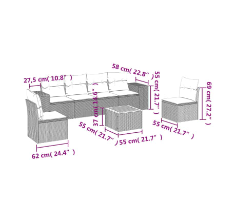 vidaXL 7-dijelni set vrtnih sofa od poliratana s jastucima bež