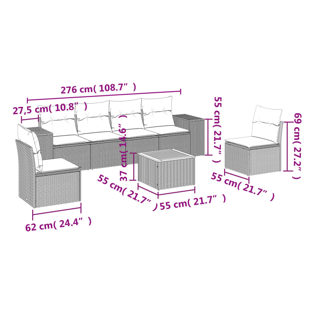 vidaXL 7 részes szürke polyrattan kerti ülőgarnitúra párnákkal