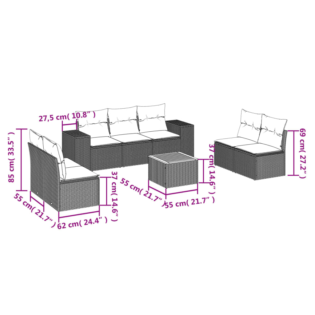 vidaXL 8-delige Loungeset met kussens poly rattan zwart afbeelding