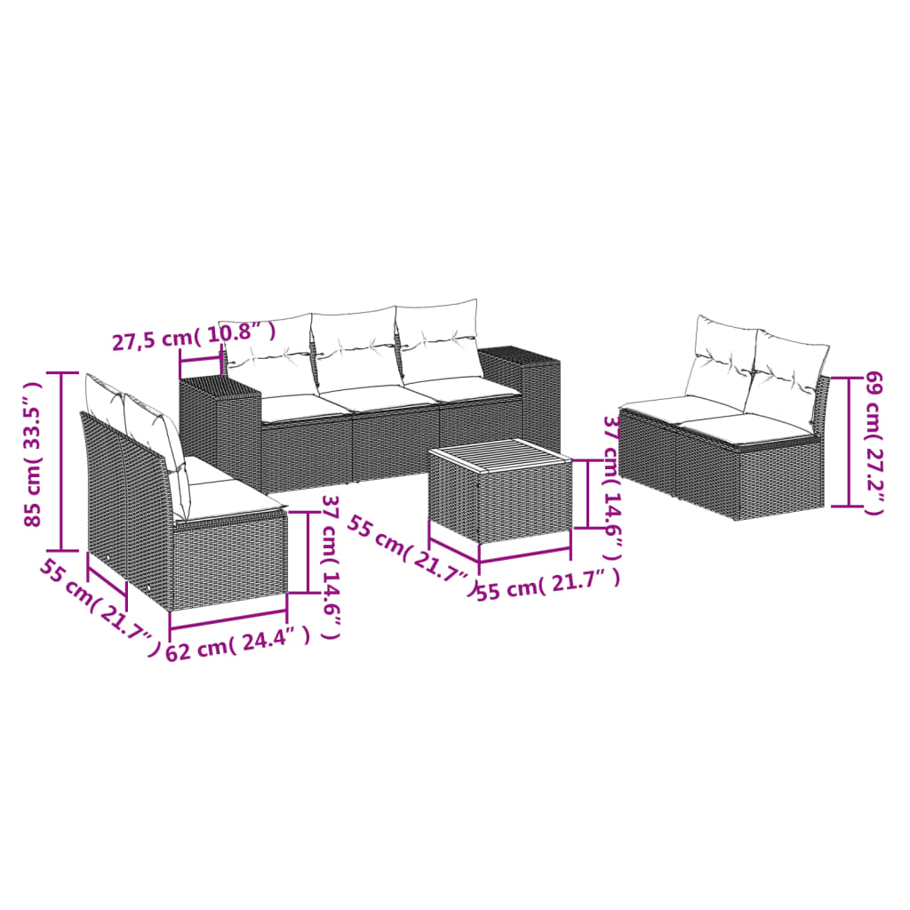 vidaXL 8-delige Loungeset met kussens poly rattan beige afbeelding