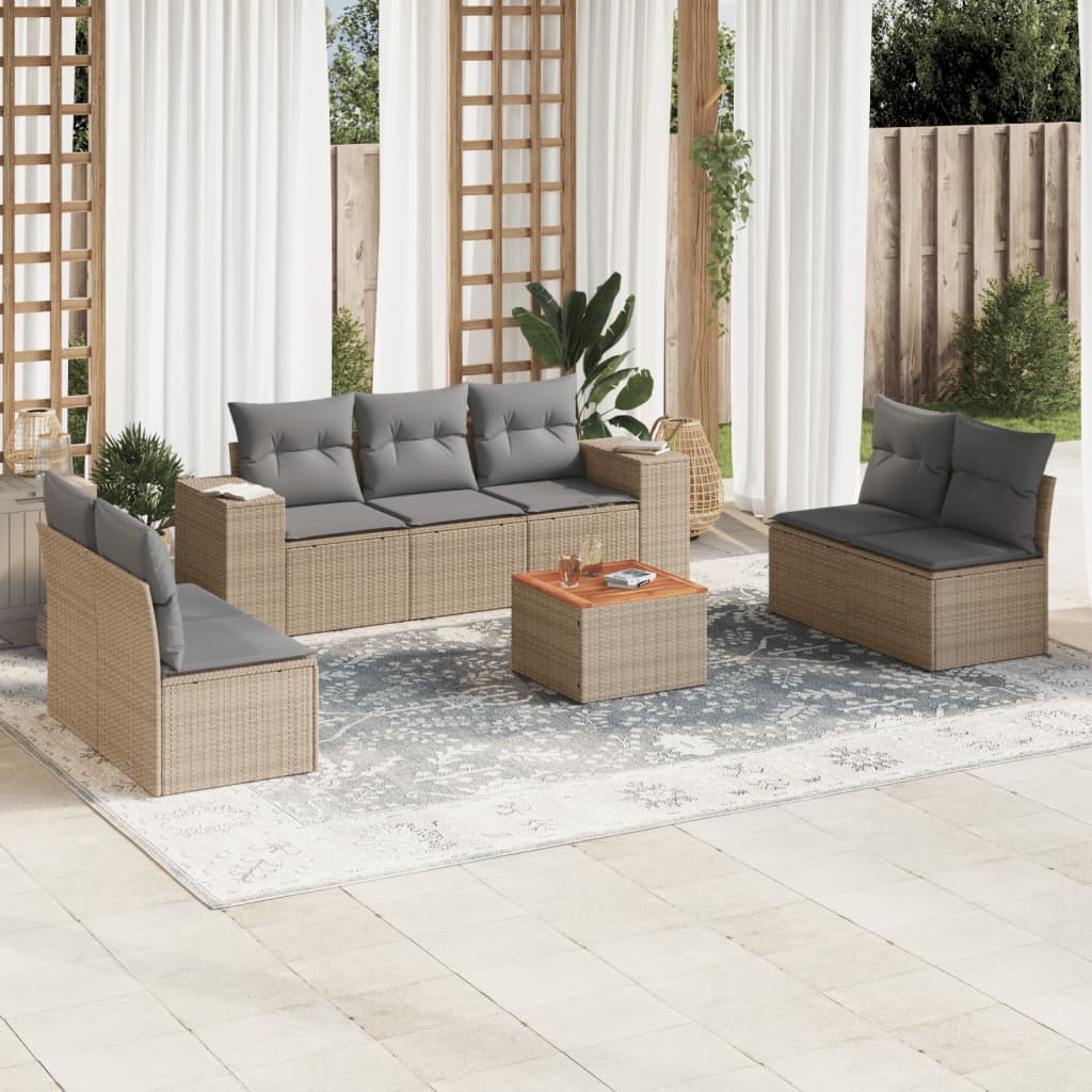 vidaXL 8-tlg. Garten-Sofagarnitur mit Kissen Beige Poly Rattan