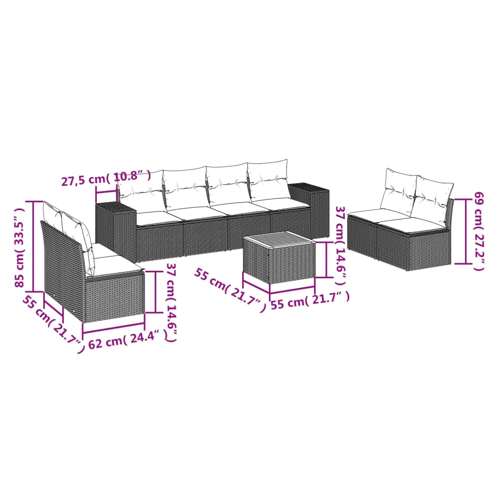 vidaXL 9-delige Loungeset met kussens poly rattan beige afbeelding