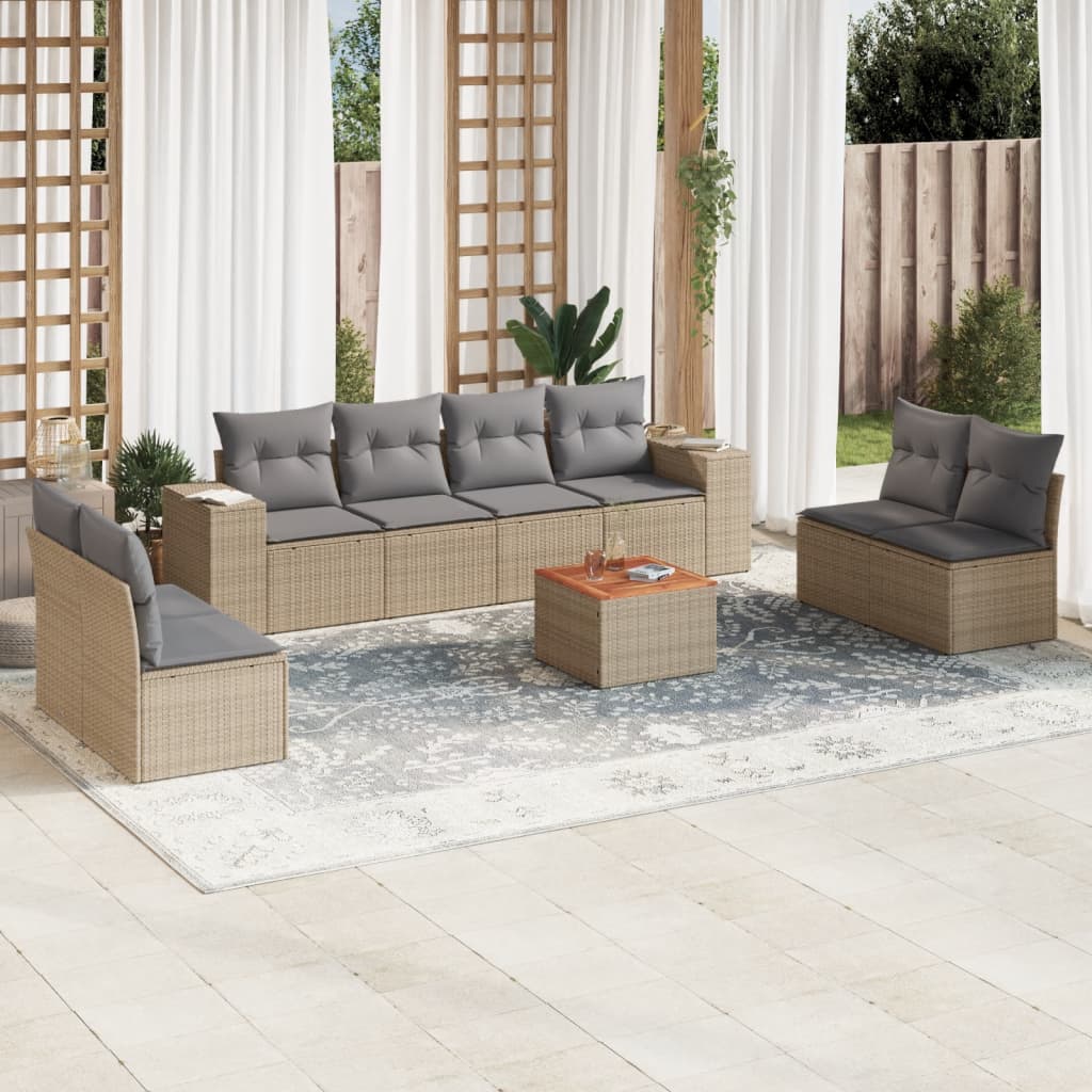 vidaXL 9-tlg. Garten-Sofagarnitur mit Kissen Beige Poly Rattan