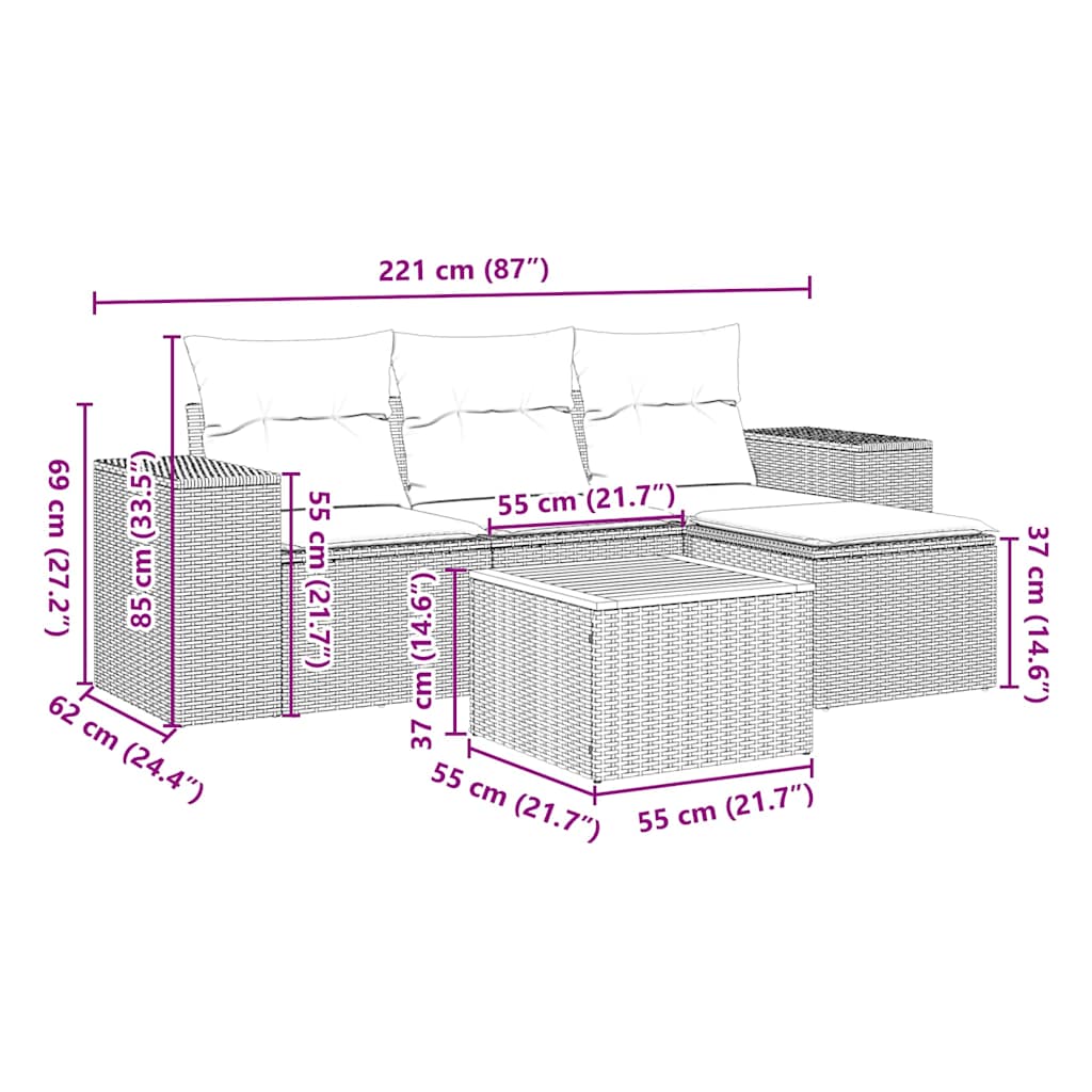 vidaXL 5-delige Loungeset met kussens poly rattan zwart afbeelding