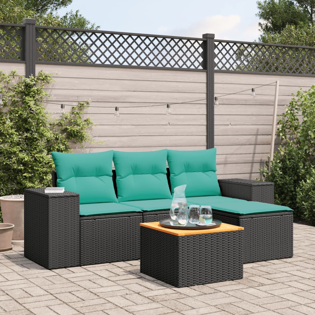 5-delige Loungeset met kussens poly rattan zwart