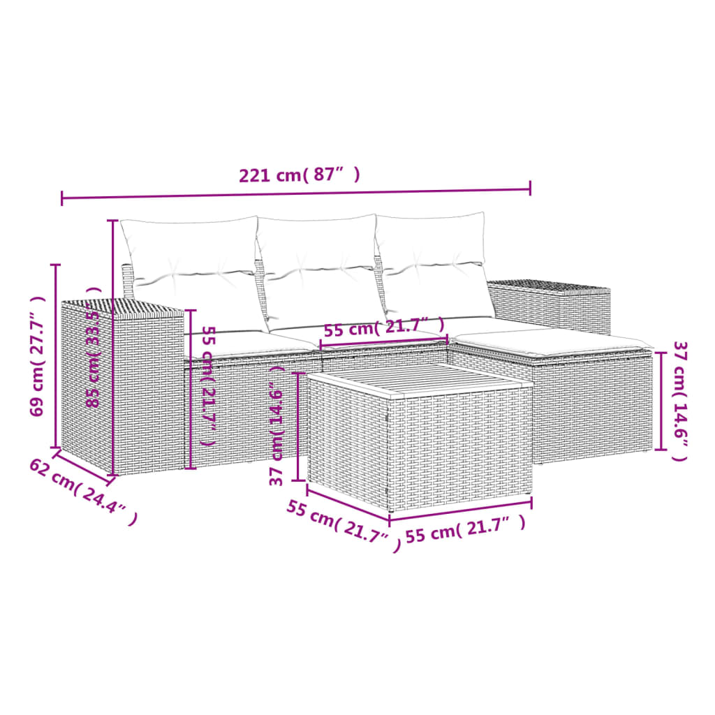 vidaXL 5-delige Loungeset met kussens poly rattan beige afbeelding